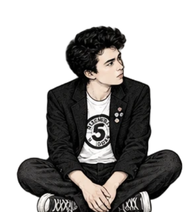 The Cascade guide: a boy in a black blazer, sitting cross-legged