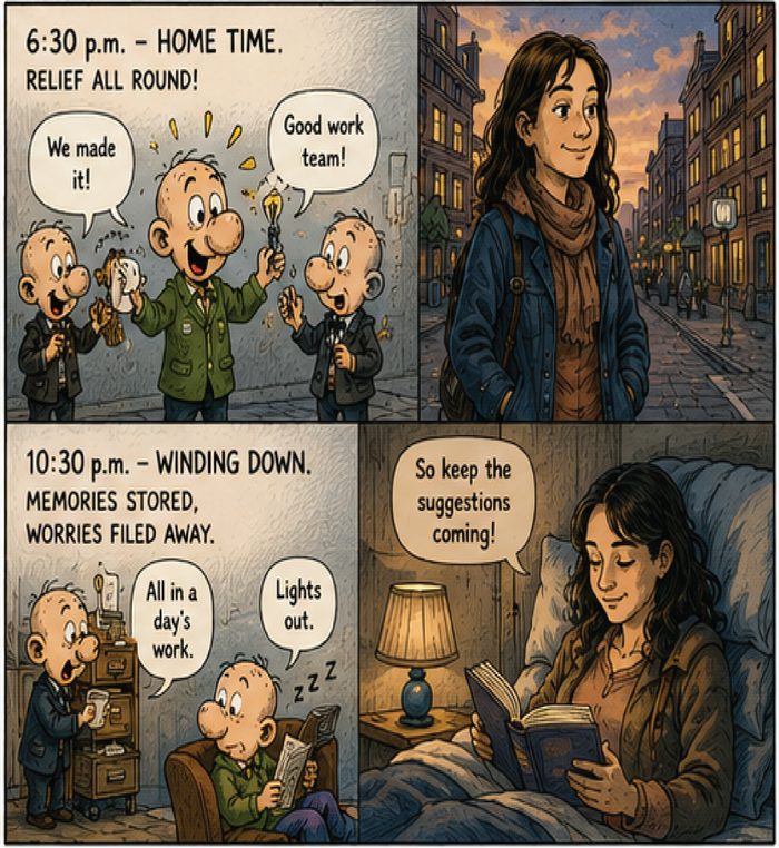 The Numskulls, page 6: 6:30pm home time and 10:30pm winding down, memories stored, worries filed away.