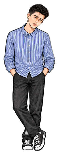 Boy standing in a striped shirt, hands in pockets