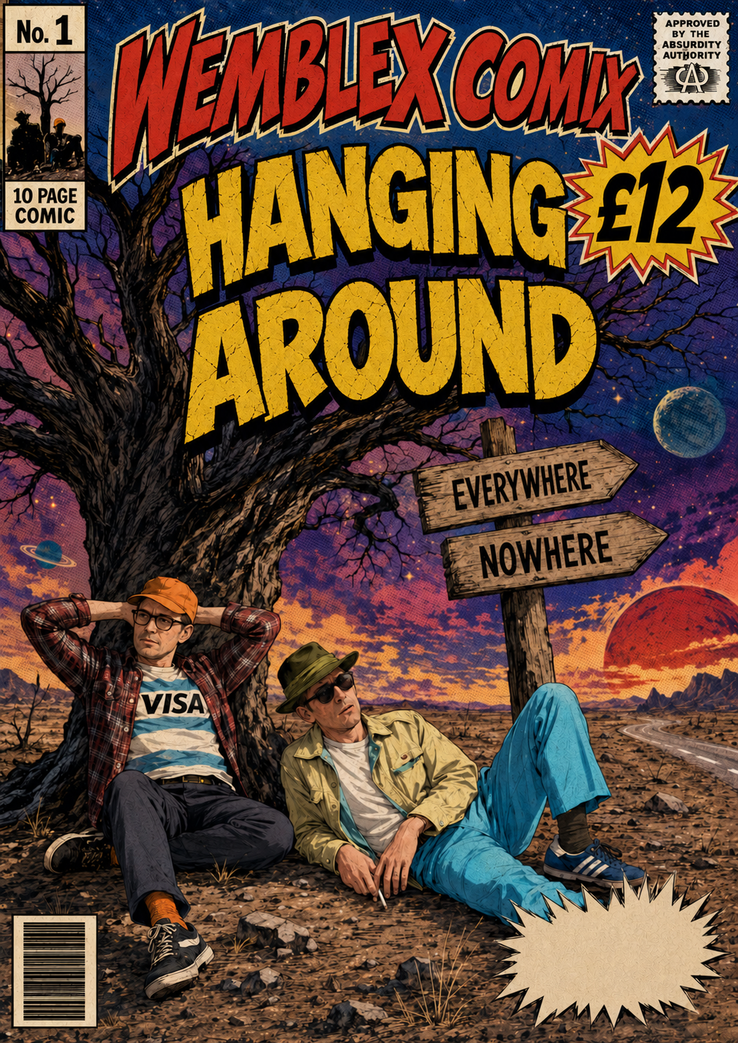 Wemblex Comix No. 1 — Hanging Around cover: two men resting under a dead tree beside a signpost reading Everywhere / Nowhere