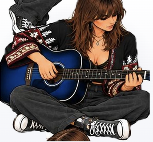 Girl sitting cross-legged with a guitar