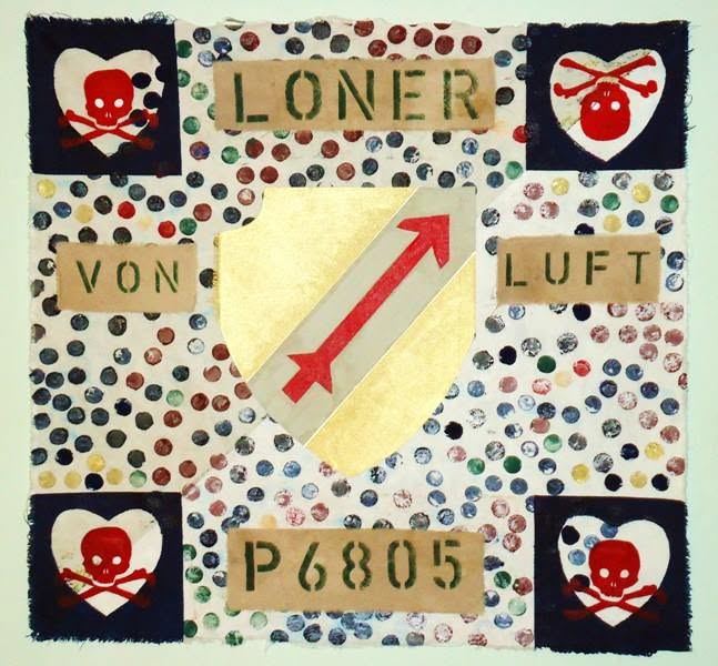 Handmade Loner Von Luft P6805 artwork with skulls, dots and a red arrow
