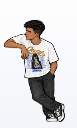Boy leaning against a wall in a white Cascade Directions t-shirt